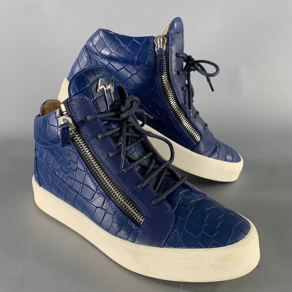 GIUSEPPE ZANOTTI Size 9.5 Blue White Embossed Leather High Top Sneakers
